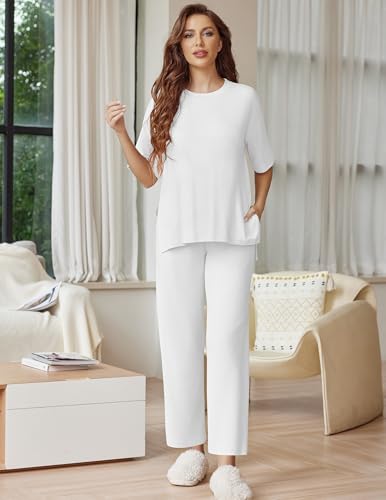 Image of Ekouaer Lounge Sets for Women Short Sleeve Tops and Long Pants Soft Comfy Pajamas Set 2 Piece Outfits