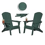 Plawdlik Folding Adirondack Chair, SGS Tested, Wooden Textured with Cup Holder, Heavy All-Weather HDPE Comfortable Set Poolside Backyard Lawn Green Set 2
