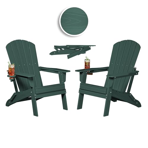 Plawdlik Folding Adirondack Chair, SGS Tested, Wooden Textured with Cup Holder, Heavy All-Weather HDPE Comfortable Set Poolside Backyard Lawn Green Set 2