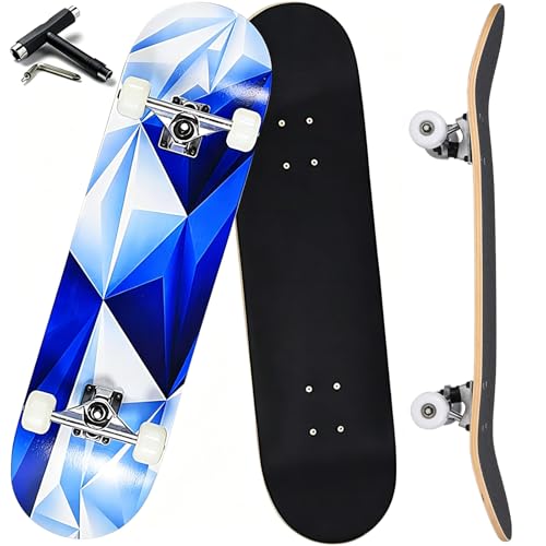 ANYFUN Pro Complete Skateboards for Beginners Girls Boys Kids Youths Teens Adults 31'x8' Skate Boards 7 Layers Canadian Maple Double Kick Deck Concave Longboard (Blue LCE)
