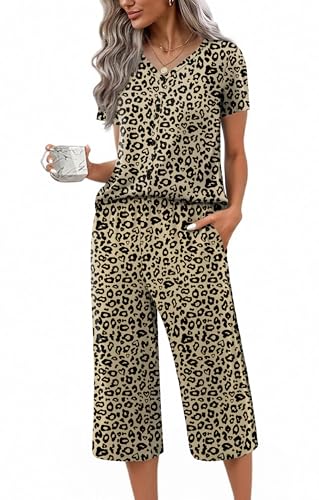 Image of Ekouaer Women's Pajama Sets Short Sleeve Sleepwear Button Up Pj Loungewear Top and Capri Pants with Pockets