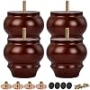 4 inch / 9cm Wooden Furniture Legs, Pack of 4 Brown Solid Wood Turned DIY Replacement Bun Feet with M8 Hanger Bolts & T-Nuts or Sofa Couch Cabinet Recliner Ottoman Riser