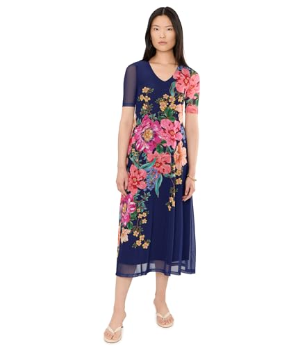 Johnny Was Womens Elbow Sleeve V-Neck Mesh Midi Dress - Celiora Navy Celiora Navy MD One Size
