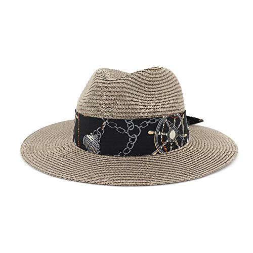 HONG YI-HAT Sonnenhut Sommer Strohhut für Damen Herren breite Krempe Strand Panama Jazz Cap Fedora Hut Aushöhlung Mesh Schlange Sonne Hut Strand Urlaub Hut, Stroh, Drak Gray, 55-58 cm Cover