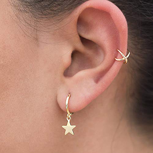 DOUBNINE Star Hoop Earrings Dangle Minimal Huggie Stud Chic Jewelry for Women (gold)