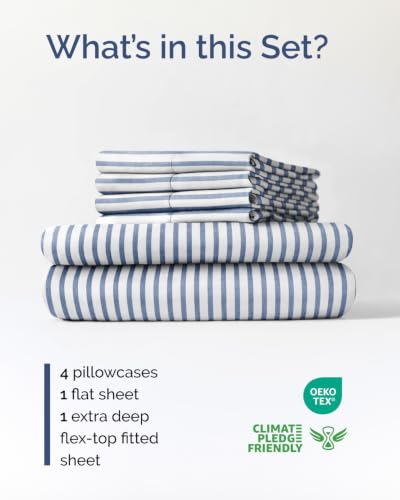 Image of Extra Deep Flex Top Split Head King Sheet Set - 6 Piece Breathable and Cooling Sheets - Hotel Luxury Bedding for Women, Men, Kids & Teens - Easy Secure Fit - Extra Deep Pockets - Blue Stripes 2