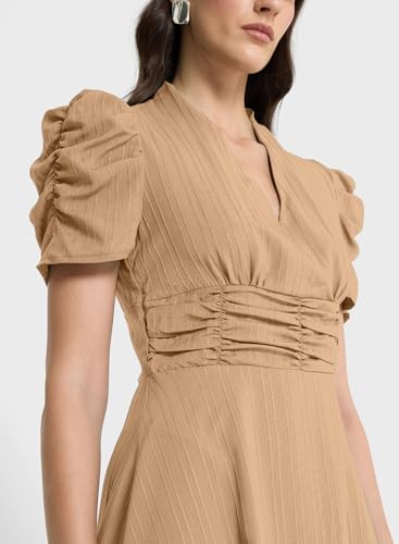 Image of Sugathari Women Women's V-Neck Maxi Dress, A-Line Style, Puff Sleeves, Cinched Waist 246