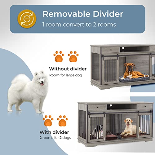 Lyromix Dog Crate Furniture Large Breed Tv Stand With Drawer & 2 Sliding Doors, Dog Kennels And Crates For Medium Large Dogs With Divider, Wood Dog Crate End Table, Grey, 66.1''W*23.6''D*36''H #TOP2