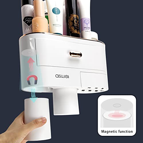 Wall-Mounted Toothbrush Holder, Wekity Multi-Functional Toothbrush Holder With 2 Cups And Cosmetic Drawers Organizer For Bathroom, Space Saving (Rose Gold) #TOP1