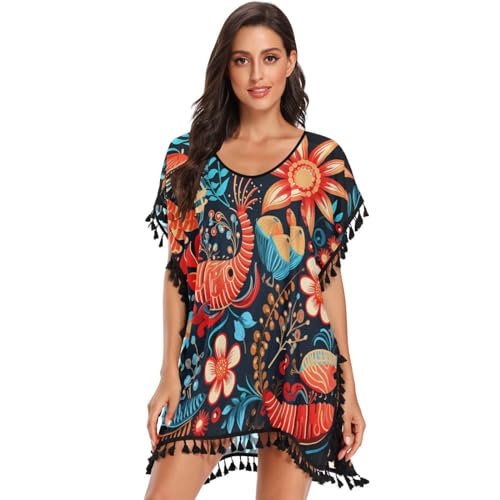 Lobster Abstract Flower Art Women's Beach Cover Up Chiffon Tassel Swimwear Swimsuit Coverups for Girl