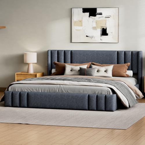 Image of Harper & Bright Designs Queen Size Upholstered Platform Bed with Wingback Headboard and Wooden Slats Support for Bedroom, Gray