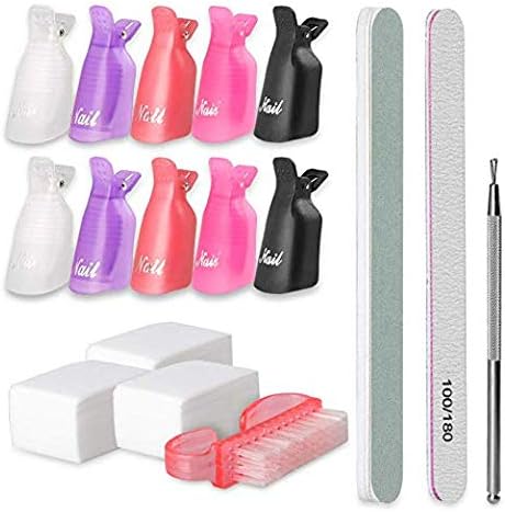 Gel Nail Tools Kit, SWS 10pcs Colorful Nail Polish Remover Clips& Nail Buffer Block&175pcs Cotton Pads& Nail Brush Cuticle Peeler Scraper …