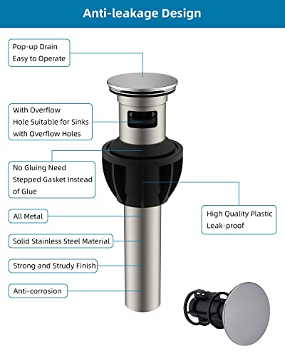 Hibbent 2 Pack Metal Bathroom Sink Drain with Overflow, Pop Up Detachable Stopper, Stainless Steel Vessel Lavatory Vanity Sink Strainer, Anti-Clogging Design, Chrome - image 3