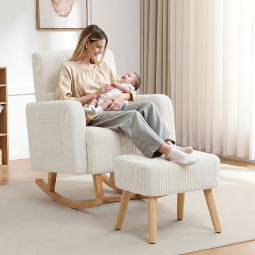 Image of HCHAIRH Rocking Nursing Chair with Ottoman, Corduroy Glider Rocker Armchair with Side Pocket and High Backrest, Comfy Reading Chair with Solid Wood Legs for Nursery, Living Room,Bedroom, Beige