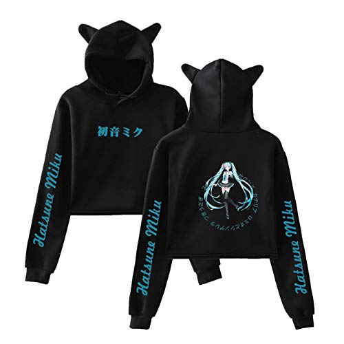 Anime Hatsune Miku Sudadera con Capucha Mujeres Adolescentes niñas Estampado de Manga Larga con Capucha de Oreja de Gato pulóver Cultivos Tops Cover