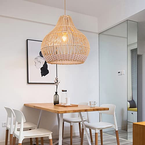 Arturesthome White Rattan Pendant Light for Kitchen Island, Coastal Lamp Round Wicker Chandelier, Handmade Woven Hanging Ceiling Lighting Fixtures Lampshade for Living Room Bedroom