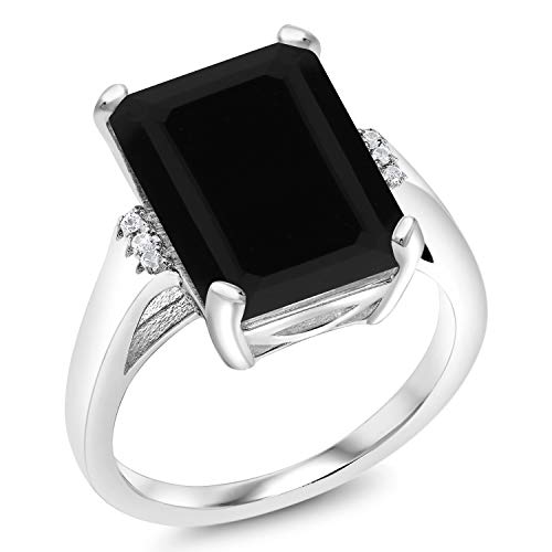 Gem Stone King 6.67 Cttw Black Onyx Engagement Ring For Women | 925 Sterling Silver | Emerald Cut 14X10MM | Gemstone Birthstone | Available in size 5, 6, 7, 8, 93