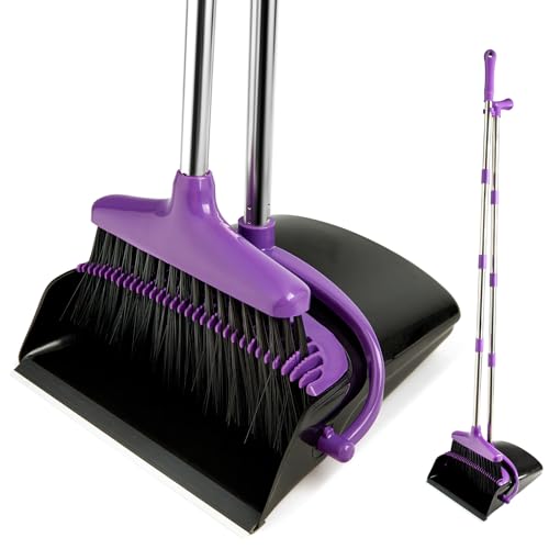 Image of Broom and Dustpan Set with Long Handle, Light Weight Stainless Steel Poles Stand Upright Dustpans with Broom Combo for Home Kitchen Office Pet Dog Hair, 1-Pack (Purple)