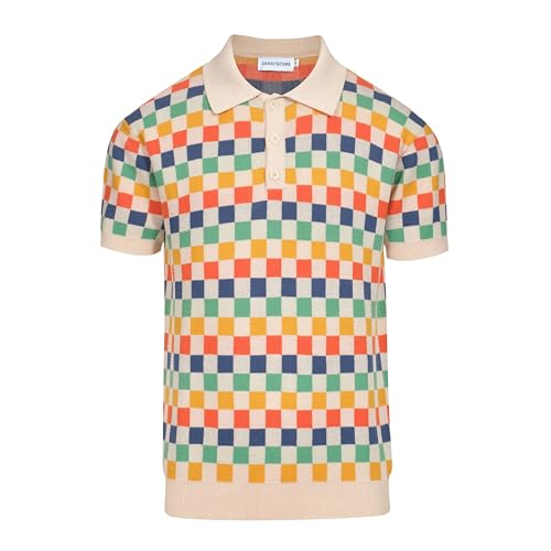 OXKNIT Mens Knitted Retro Polo Shirts Color Plaid Casual Short Sleeve Summer Shirt