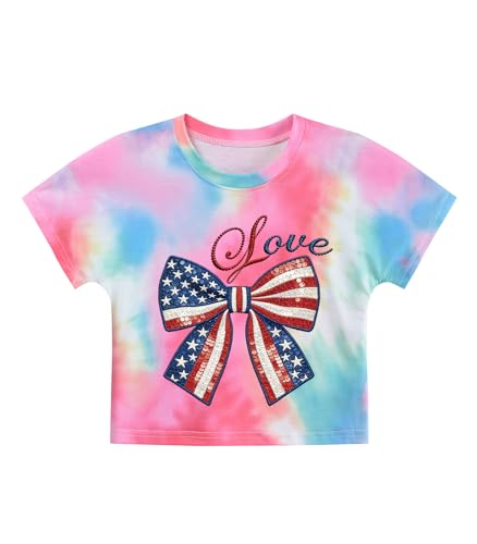 Image of Tkria Girl Crop Tops July 4th Crewneck Tshirt American Flag Patriotic USA Flag Girls Outfit Clothes Size 6-14