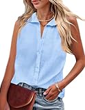 HOTOUCH Women Sleeveless Blouses Casual Button Up Shirts Collared Cotton Shirt Business Work Tank Top Sky Blue XL
