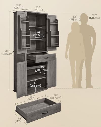 Image of VASAGLE Pantry Cabinet, Tall Storage Cabinet with Drawer, 70.3-Inch | Farmhouse kitchen cabinet with barn doors, tray, adjustable shelves, Misty Gray, UBBK364G01