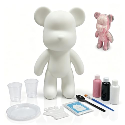YONXID DIY Fluid Bear Painting Kit - Fluid Art Pour Paint Bear Set - Full Drip Paint Bears Kit with Spill Tray & Apron for Family Activity, Date Night, and Holiday Gifts, 9.05 Inches, Black+White+Pink