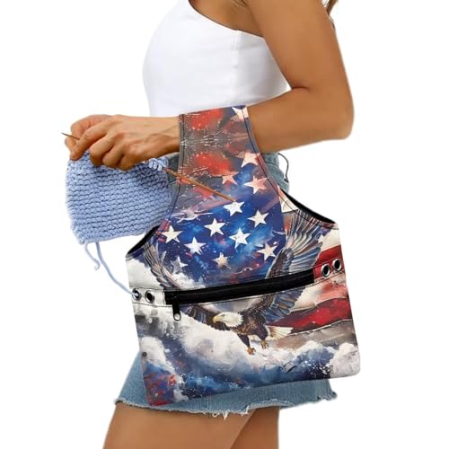 Image of ZUXONGSY American Flag Knitting Tote Bag for July 4th 2026 America250 Yarn Storage Bag for Crocheting Small Crochet Organizers and Storage Patriotic Eagle