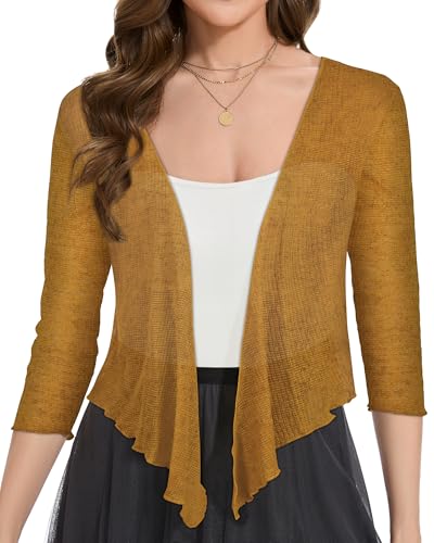 Image of Women Crop Cardigan Sheer Mesh Bolero Shrug for Dress Tie Front 3 /4 Sleeve Tops