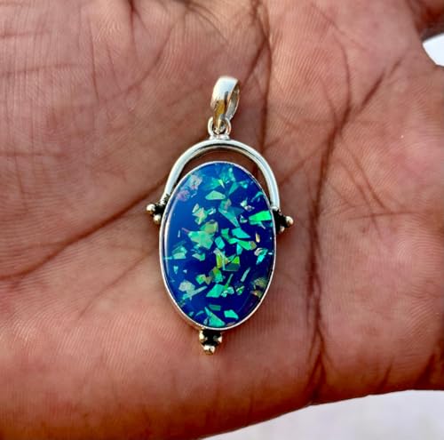 925 Sterling Silver Oval Crystal Blue Opal Pendant, Iridescent Mosaic Design, Vintage Style2