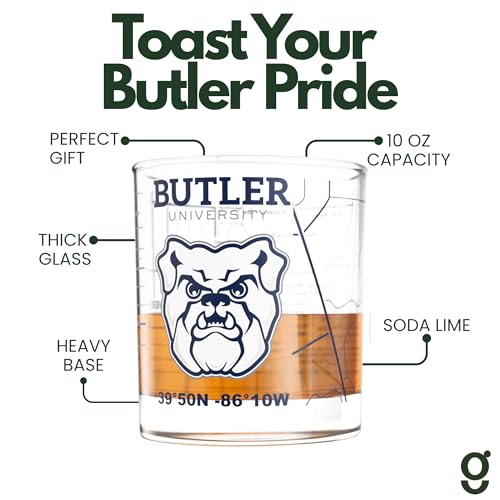 Image of Greenline Goods University of Butler Bulldogs Whiskey Glasses Set of 2, 10 oz Rocks Glasses with Full-Color Logo & Campus Map - Officially Licensed Bourbon Glass Gift for Alumni & Fans