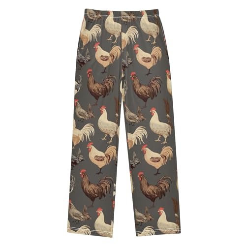 Rooster Hens Long Pajama Pants Elastic Waist PJ Bottoms with Pockets S A1119392