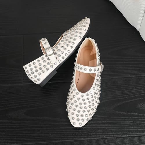 Women's Rhinestone Leather Fashion Mary Jane Flats with Buckle Strap Pointed Toe Non-Slip Lightweight Casual Ballerina Shoes for Fashion Show Traveling Shopping4