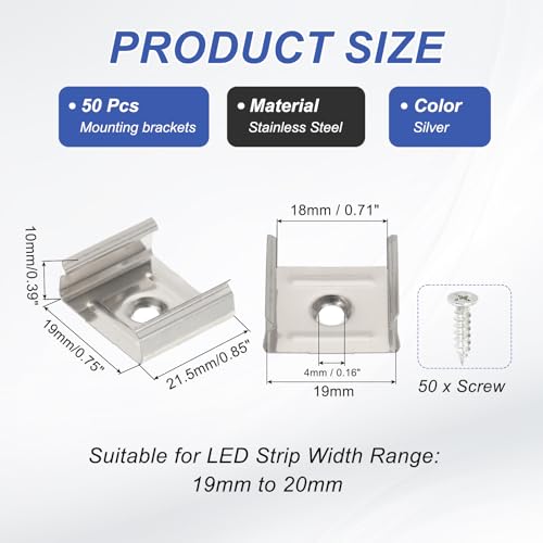 Image of PATIKIL LED Strip Clips, 50pcs Stainless Steel Mounting Brackets Fixing Clip Clamp Support Holder with Screws for 19mm to 20mm LED Strip Lighting Cable