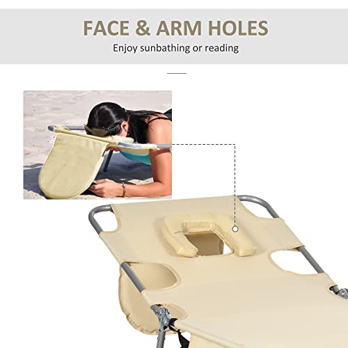 Outsunny Foldable Sun Lounger, Beach Chaise Lounge with Reading Hole, Arm Slots, 5-Position Adjustable Backrest, Side Pocket, Pillow for Garden, Beach, Camping, Beige - Image 7