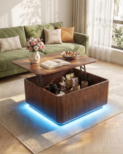 ASDHVCCO walnut square lift top coffee table with LED lights — shows the built-in charging station and fluted mid-century face