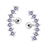 Curve Seven Stud CZ Stud Earrings 316L Stainless Steel Ear Helix Conch Cartilage Piercing (Purple)