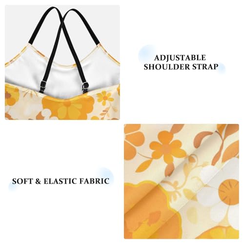 Vintage Yellow Orange Floral Pattern Kids Girls 1 Piece Swimsuits Beach Swimwear Adjustable Strap Quick-Dry3
