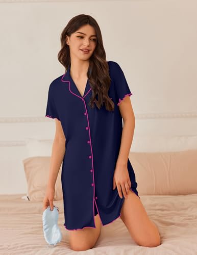 Image of Ekouaer Nightgowns for Women Button Down Sleep Shirt Short Sleeve NightShirts Boyfriend Sleepdress Soft Pajama Dress