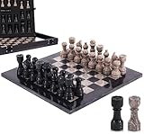 Jeu d'échecs en marbre Fait Main de 30 cm avec boîte, pièces et 2 Dames. Élégant Jeu de Voyage pour Adultes, idéal comme Cadeau ou décoration d'intérieur. (Black & Oceanic)
