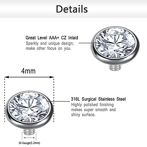ZS 14/15PCS Cubic Zirconia Dermal Anchor Tops 2mm 3mm 4mm, 14G Surgical Steel Internally Threaded Dermal Anchor Base Microdermals Piercing for Women Men2