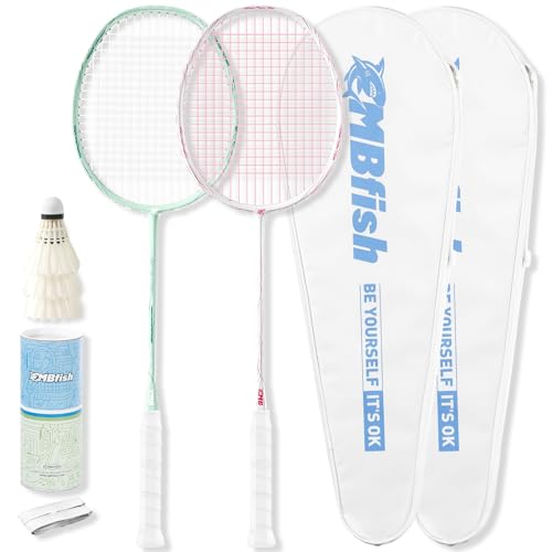 MBFISH Badminton Racket Set with 2 Carbon Fiber Racquets 5U, 3 Shuttlecocks, 2 Replacement Grip Tapes and 2 Carrying Bag - Perfect for Outdoor Games and Gym 5U (Florid+Green)