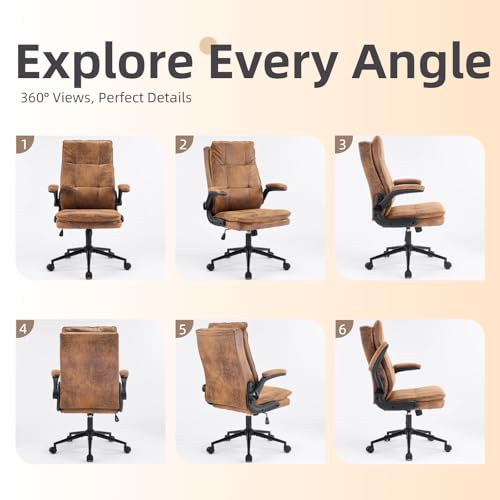 Bonnlo Comfy Leather Office Desk Chair,Ergonomic High-Back Executive Computer Gaming Chair with Replaceable Wheels, Adjustable Height & Flip-up Armrests,360 Swivel Task Chair for Home Office, Brown - Image 2