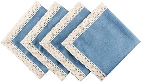 EHouseHome Dinner Cloth Napkins with Lace Trim Waterproof Spillproof Faux Linen Fabric Napkins,Set of 4, 20 x 20 Inch,Water Blue