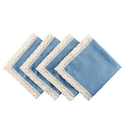 Ehousehome Dinner Cloth Napkins With Lace Trim Waterproof Spillproof Faux Linen Fabric Napkins,Set Of 4, 20 X 20 Inch,Water Blue #TOP2