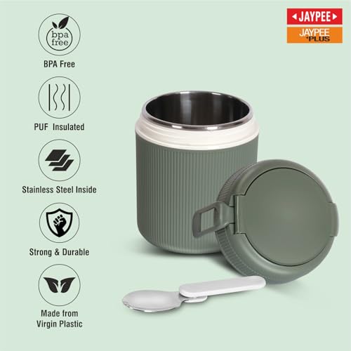 Image of JAYPEE SoloMeal PUF Insulated Inner Stainless Steel Food Jar with Foldable Spoon|Hot /Cold Meal Jar for Kids|Office Women |Men|Food Storage Traveling Box Light Weight |Scratch Resistant|500 ml, Green
