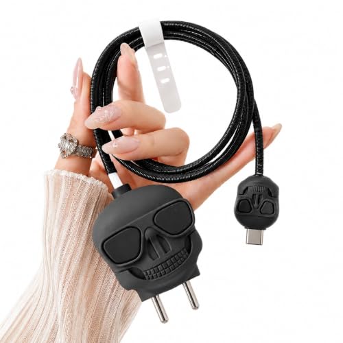 Image of Compatible for iPhone Charger Case Cover, Funny Cartoon Character, Silicone Charger Case Compatible for 18-20W 360 Degree Full Protection Cover (Black Skull Armor)