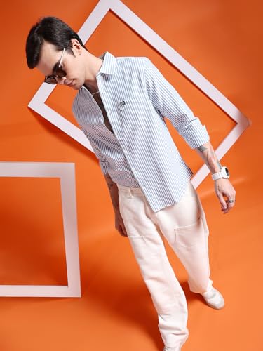 Image of The Indian Garage Co Men Slim Fit Striped Full Sleeves Cutaway Collar Casual Shirt