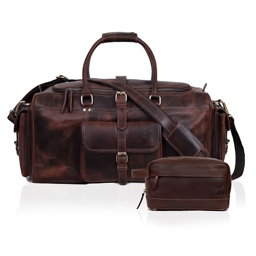 Luxury Leather Travel Bundle: Men's Full Grain Leather Duffle Bag & Buffalo Leather Toiletry Bag Set - Premium Weekend Travel Companion - Ideal for Stylish Getaways, Business Trips, and Gifts