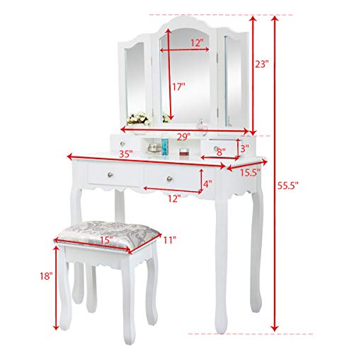 Sandinrayli Tri Folding Vanity Table Set,Makeup Table Dressing Desk Set with Stool with 10 Light Bulbs 4 Drawers for Bedroom, Bathroom, Black (White)